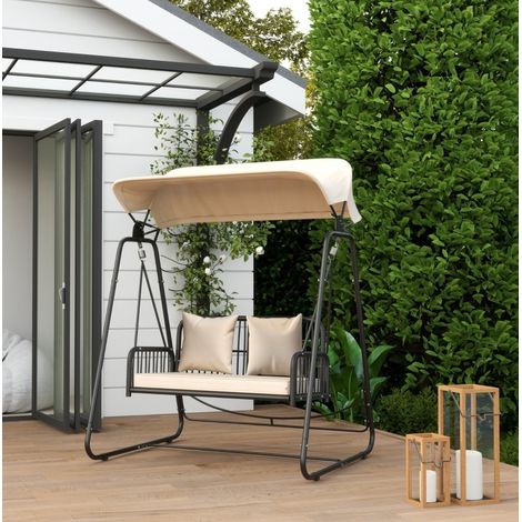 Balancelle de jardin 2 places en acier et résine aspect rotin kaki, avec toit pare-soleil réglable, 149 x 121 x 180 cm (1/5)