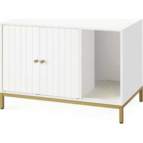 Meuble Litière pour Chat, Maison de Toilette pour Chat, avec Tapis de Grattage, Pieds Hauts, Table d'Appoint, 80 x 50 x 55 cm, Blanc et Doré (1/5)