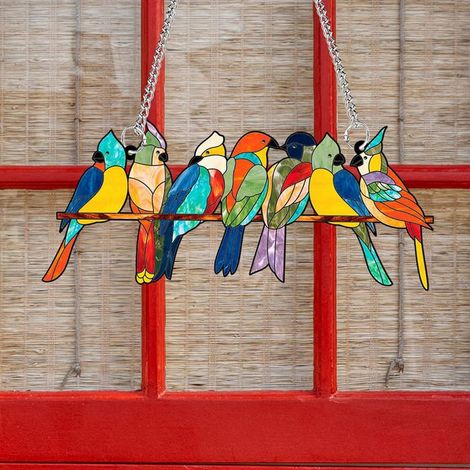 Suncatcher Oiseaux - Panneau Acrylique pour Fenêtre - 14,7 x 17,8 cm - Accroche Murale avec Chaîne et Ventouse - 1 Pièce (1/5)