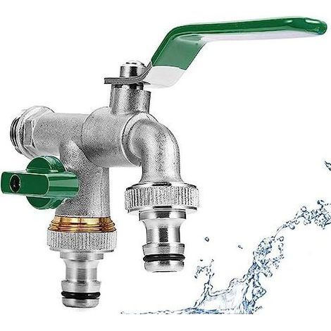 Robinet Double 1/2 Pouce, Robinet de Jardin, Robinet Double en Laiton avec 2x 3/4 Pouces, Double Raccord et Embout de Tuyau pour Jardin, le Ménage et L'industrie (vert) (1/5)