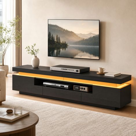 Meuble TV noir brillant 175 cm– Éclairage LED intégré variable– 2 portes et 1 tiroir –Style moderne pour salon et chambre