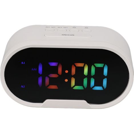 Réveil numérique LED, alarme, grands chiffres, affichage couleur, luminosité réglable, volume ajustable, style minimaliste, 2 alarmes, idéal pour enfants et étudiants (blanc). (1/5)