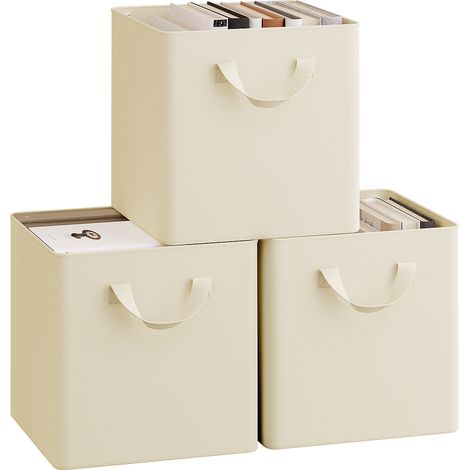 Lot de 3 Cubes de Rangement WOLTU, 26x26x26,5 cm, Boîte Rangement Pliable, avec Poignée, Cadre en Métal, en Tissu, Crème (1/5)