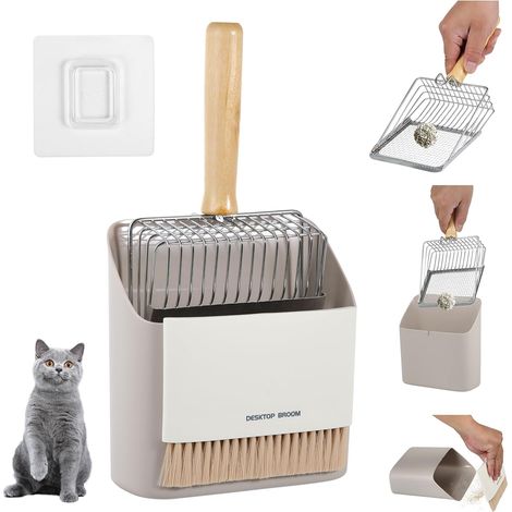 Cat Litter Scoop Set of 3 Metal Scoop with Stand, Broom and Tray (1/5)