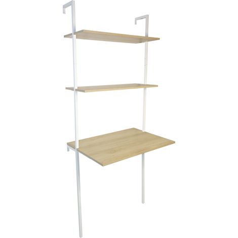 Bureau mural industriel à 2 étagères - bois et métal - Blanc - FSC 70% - 76x51x185cm (1/5)