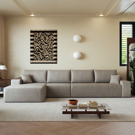 Canapé d'angle modulaire sans os de 340 cm avec méridienne en L, assise profonde, livré monté, canapé compressible, camel