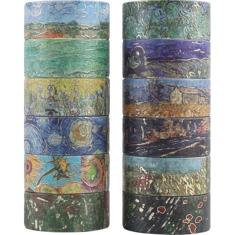 Lot de 12 rouleaux de ruban adhésif décoratif à la feuille d'or, motif Van Gogh.