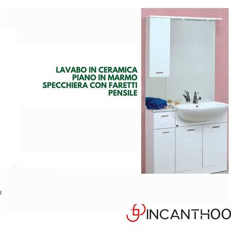 Composizione Mobile Bagno con Pensile da 93 cm3 Ante e 1 Cassetto+ pensile + Specchio + Faretti Colore Bianco Lucido
