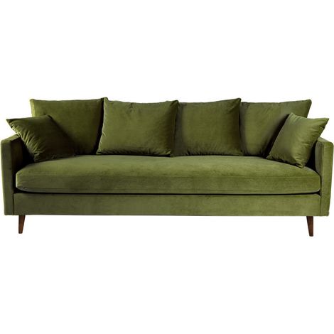 Canapé convertible 3 places en velours pieds bois foncé - Vert olive - VILLABON (1/5)