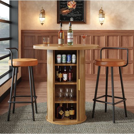 Conjunto de mesa de bar redonda con 2 taburetes, almacenaje, MDF y metal, efecto madera HAVRYA (1/5)