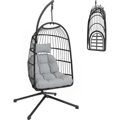 Fauteuil oeuf suspendu - balançoire de jardin - Outsunny - pliable avec support coussin 15cm et appui-tête - 101x105x196cm - gris (1/5)