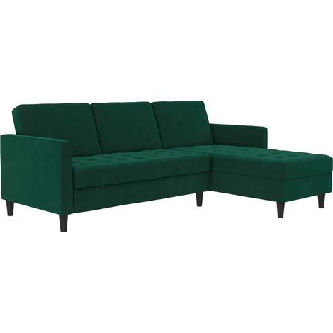 Presley-Canapé-lit 3 places avec chaise longue en velours vert foncé