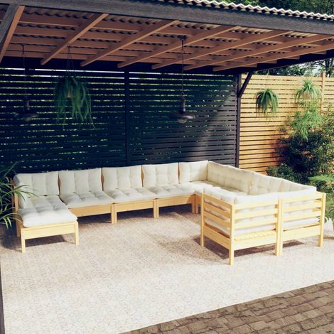 10-tlg. Garten-Lounge-Set mit Creme Kissen Kiefernholz (1/5)