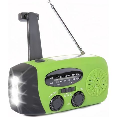 Radio d'urgence avec manivelle et alimentation solaire, lampe torche et batterie rouge externe. (1/5)