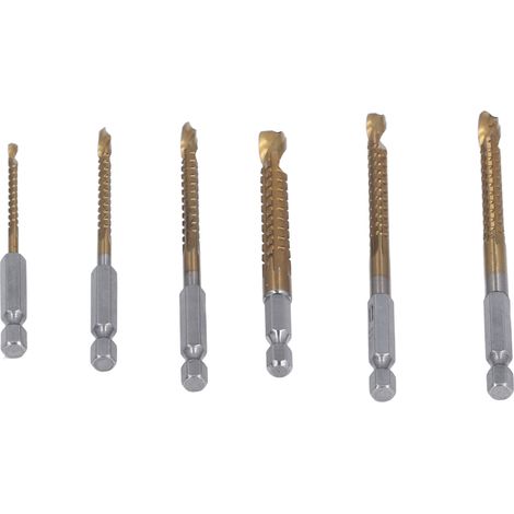 Jeu de 6 forets hélicoïdaux de 3 mm, 4 mm, 5 mm, 6 mm, 6,5 mm et 8 mm, en acier rapide (HSS) revêtu de titane, à filetage dentelé et queue hexagonale de 6,35 mm (1/4 po). (1/5)