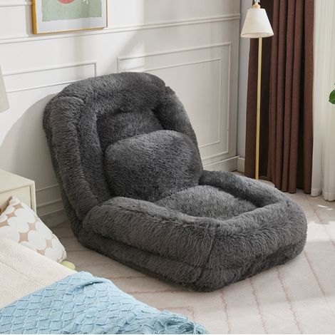 Bodensofa (102x89x88 cm), 5 fach verstellbare Rückenlehne, umwandelbar, Kunstfell, Dunkelgrau (1/5)