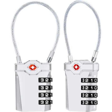 Cadenas à bagages, Lot de 2 voyage à combinaison à 4 chiffres Cadenas à combinaison de 14 cm de câble flexible pour valise, sacoche de bagage, etc. (Argent) (1/5)