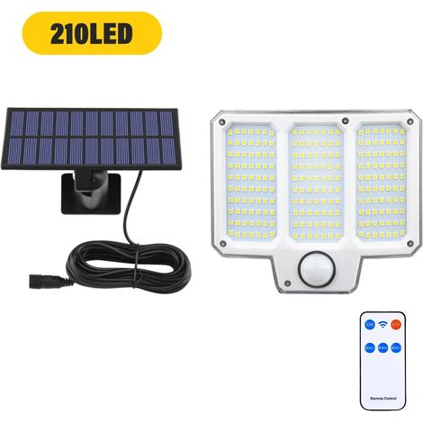 Applique murale solaire extérieure (210 LED) 153 LED avec détecteur de mouvement, télécommande, 3 modes d'éclairage de sécurité, étanche IP65, idéale pour porche, terrasse ou garage. (1/5)
