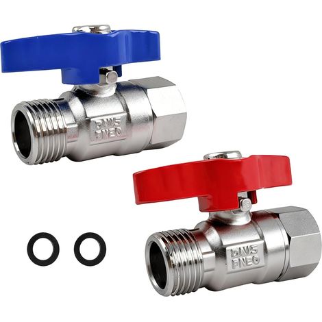 2 Pièces à Boisseau Sphérique 1/2 Pouce, en Laiton, Robinet à Boisseau Sphérique avec Filetage Intérieur et Extérieur, pour Chauffage au Sol, eau et Gaz, Tuyaux Sanitaires (Bleu et Rouge) (1/5)