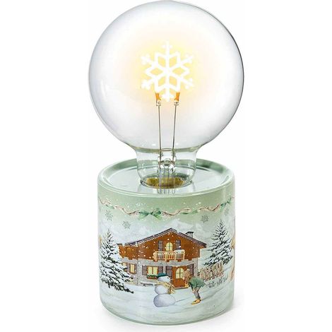 Lampade natalizie con LED a forma di fiocco di neve su base in ceramica con stampa paesaggio innevato, set da 2 pezzi, Ø 9,5 cm x 18 H