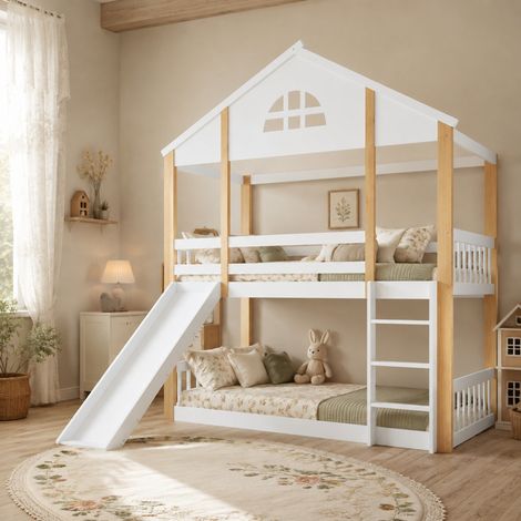 DESMIU Lit superposé 90 × 200 cm 2 places avec toboggan et escalier, sans matelas, en bois et MDF, blanc et naturel (1/5)