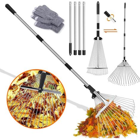 Garden Rake with Adjustable Metal Bar 2.20 m and Gloves, Leaf Rake, Dead Leaf Rake, Lawn Rake, for Cleaning Plants, Lawn and Yard (1/5)