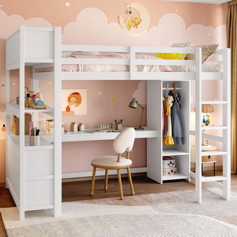 Lit mezzanine enfant 140x200 cm blanc en pin et MDF, bureau, armoire et étagères intégrés, rangements multiples, barrières de sécurité, sommier à lattes inclus, sans matelas (1/5)