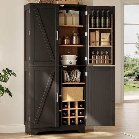 Mueble de cocina alto 80 x 40 x 180 cm, 4 puertas de granero, botellero, MDF negro HAVRYA (1/5)