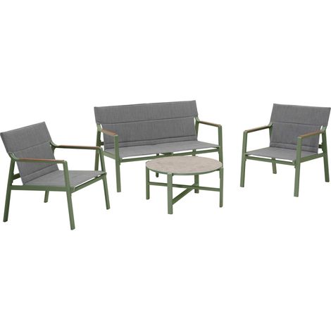 Oviala – Salon de jardin 4 places en aluminium vert kaki – Structure en aluminium 38x18mm – Assises en textilène 580g/m² – Table basse en verre vitrifié (1/5)