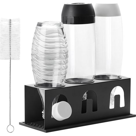Porte-bouteilles pour bouteilles Sodastream Duo Crystal, 3 égouttoirs en acier inoxydable avec anneaux de protection, tapis d'égouttement, porte-couvercles et brosse à bouteilles, noir -'Parent'-'-