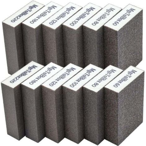 Kit di lucidatura con 12 spugne abrasive e blocchi abrasivi, grana 60/80/100/120/180/220. Specifiche: lavabili e riutilizzabili.