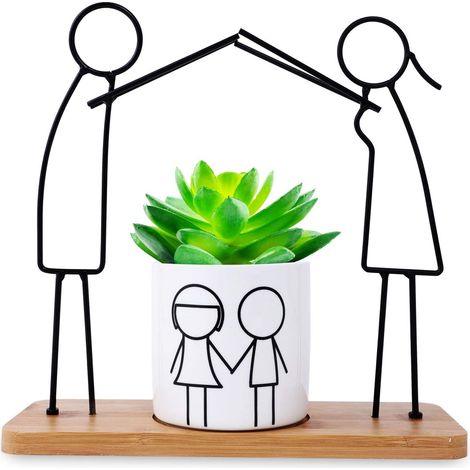 Pot Céramique - Pour Succulentes - Avec Plateau En Bambou Et Support En Fer - 9 x 9 x 9 cm - Lot De 1 (1/5)