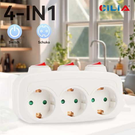 Adaptateur Multiprise CILIA 3 Prises Schuko avec Interrupteurs Indépendants Compact Blanc 16A 250V (1/5)