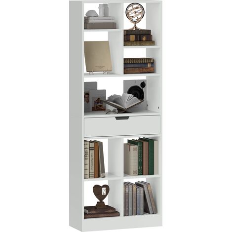 Bücherregal, Mehrzweckregal, 9 Fächer, Schublade, Kippsicherung, 60 x 26 x 158 cm, Weiß