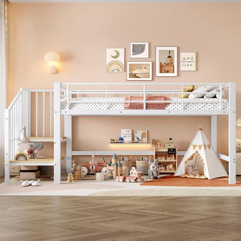 Lit mezzanine 90 x 200 cm, avec escalier et espace de rangement, métal, blanc (1/5)