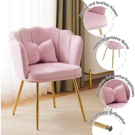 Juego de 6 sillas de comedor, silla de maquillaje con patas doradas y respaldo suave, terciopelo, rosa (1/5)