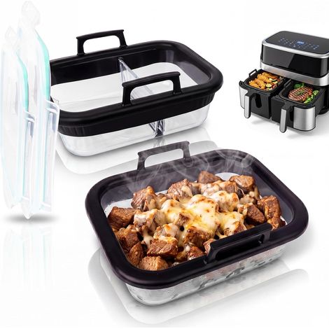 2 Pièces Moule Verre Air Fryer avec Couvercle, 20.5 15.5 7cm Cocotte en Verre Rectangulaire avec Poignées en Silicone (1/5)
