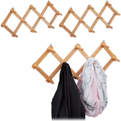 Relaxdays 3x Wall Coat Racks, 10 Hooks Each, Extendable Wardrobe, Stable, Wood, max. HWD: 5.5 x 87.5 x 7.5 cm, Natural