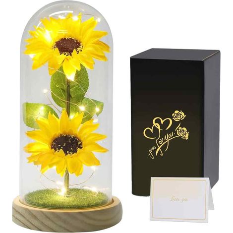 Fleur Eternelle - Cloche en Verre avec Éclairage LED - Tournesols Préservés - Décoration Intérieure - Cadeau pour Maman Grand-mère Femme - Unité (1/5)