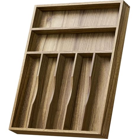 Acacia Wood Drawer Organizer, Kitchen Utensil Drawer Organizer with Grooved Dividers, Tray Holder for Spoon, Fork, 13x43cm (7 Slots) (1/5)