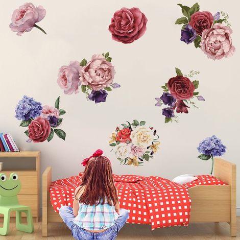 Lot de 2 autocollants muraux en forme de pivoine et de rose pour salon, chambre, toilettes, maison, décoration DIY