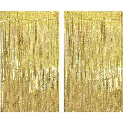 2 Pièces Rideau métallique, Franges aluminium brillant, Décoration fond anniversaire, Porte, Fenêtre, Mariage, 1m x 2m, Champagne doré