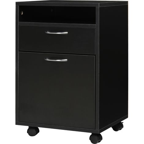 HOMCOM Schwarze rollbare Büromöbel, Schubladenelement + Nischenschrank, Büroaufbewahrung aus Spanplatten, mobil und praktisch.