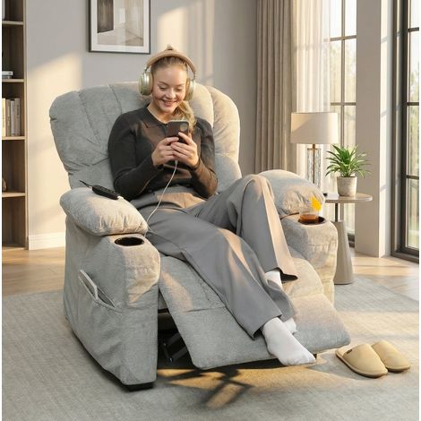 Canapé relax électrique inclinable 150°, 2 positions mémoire, USB, porte-gobelets, polyester gris (1/5)