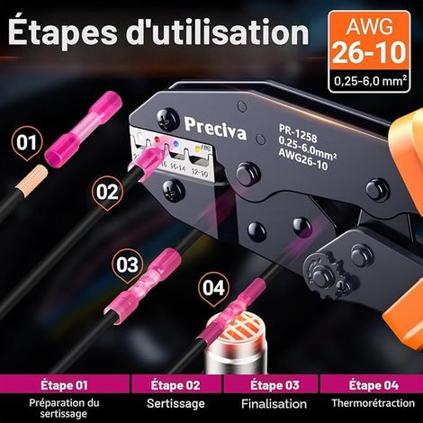 Preciva Heat Shrink Tubing Crimping Pliers Kit with 220 Lugs - 0.25-6mm² Ratchet Crimping Tools for Insulated Cables with Four Color Jaws for Electronics (1/3)