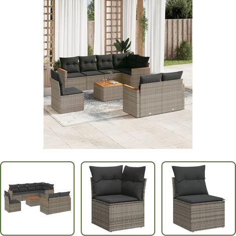 vidaXL Canapé en résine - Salon de jardin 9 pcs avec coussins gris résine tressée (1/5)