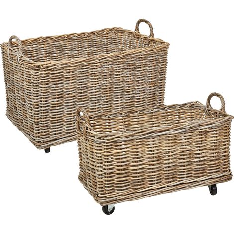 Set di 2 scatole in rattan Telaio in legno Ruote in gomma plastica Maniglie Fatto a mano Stile Boho Naturale Kitim