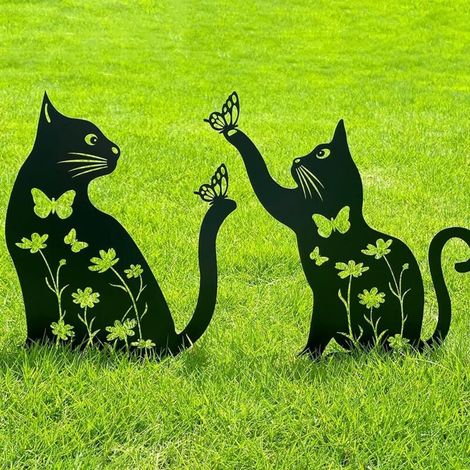 Décoration de jardin en métal représentant un chat, piquets décoratifs en métal en forme de chaton, ornement de jardin extérieur (1/5)