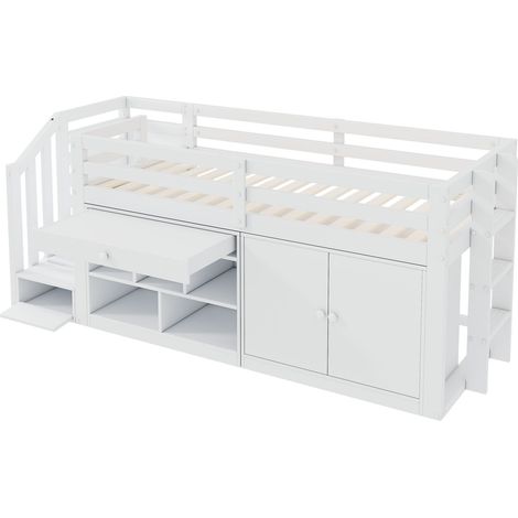 Lit mezzanine enfant multifonction en bois blanc 90 x 200 cm avec escalier et rangements (1/5)