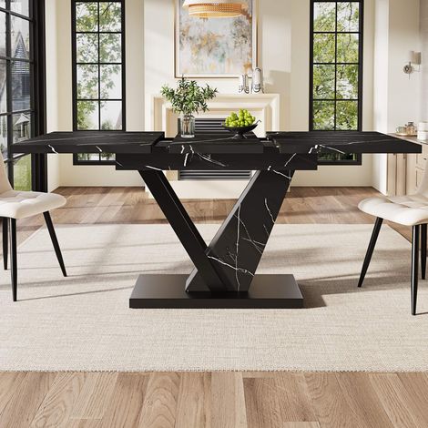 Table à manger extensible 120-160x75x75,5 cm, plateau effet marbre noir en MDF, table télescopique avec pieds métal pour cuisine et salon (1/5)